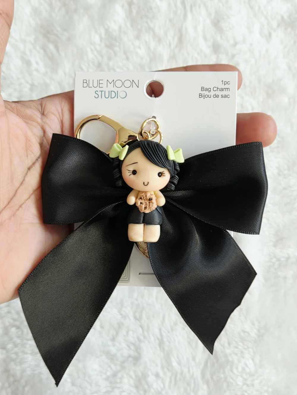 Black Bow Clay Doll With Cookie Bag Charm Adorable Keychain